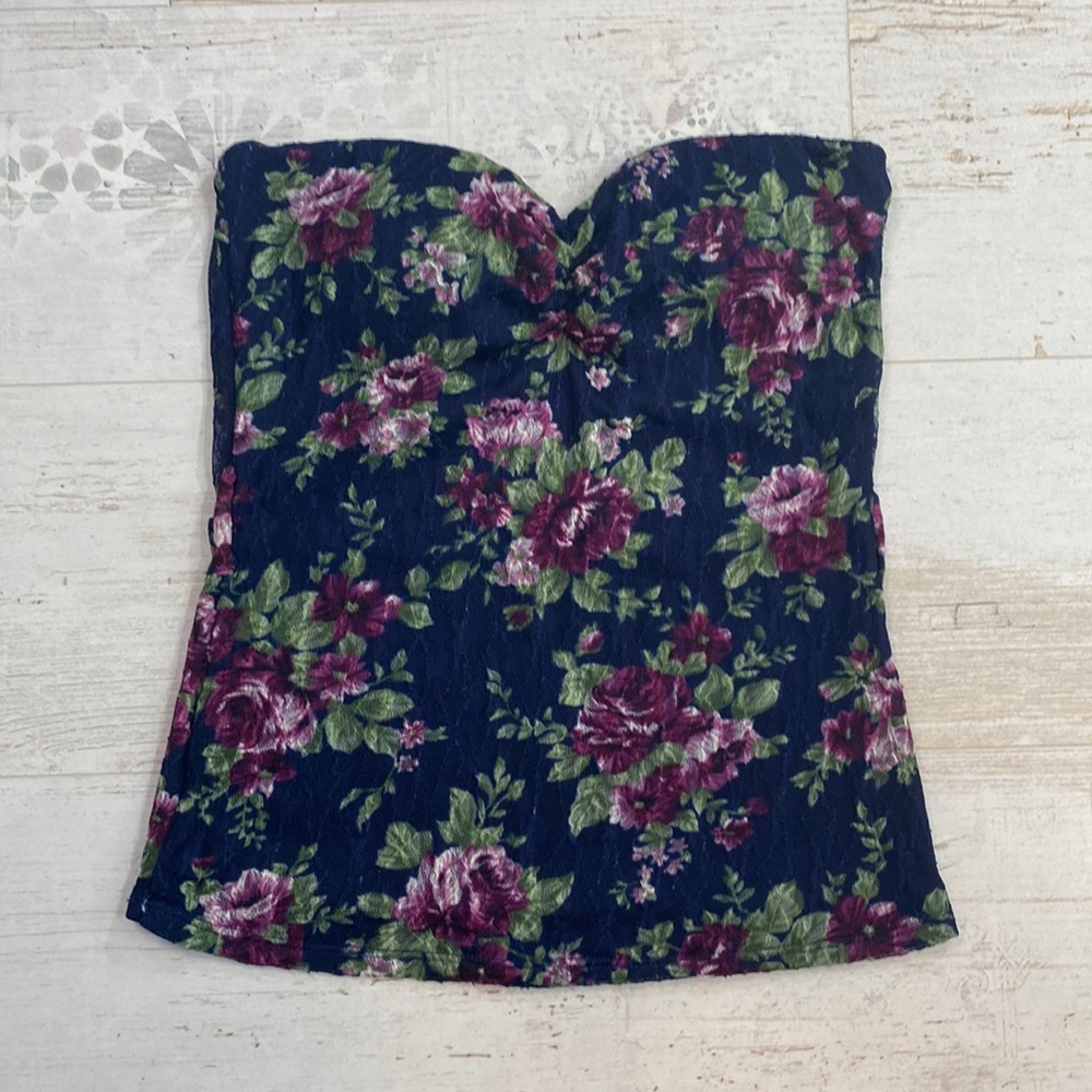 Vintage Wet Seal Navy Floral Lace Strapless Shirt